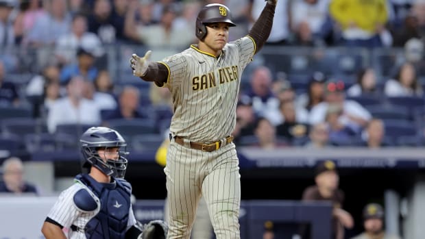 Padres left fielder Juan Soto reacts after hitting a two-run home run against the Yankees.